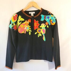 VTG 90's ARRIVISTE 3-D Knit Mix Media Full-Zip Sweater S Floral Birds Horse Cat